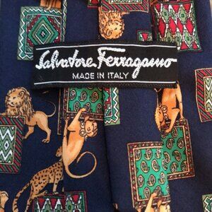 Salvatore Ferragamo Navy & Gold Lion Cheetah Pattern Tie